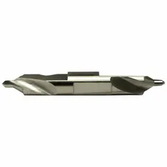 This bell-tip hey-type center drill is used to create conical starting holes for lathe centers, with a bell shape that provides recessed clearance to protect the center point. It is a double-end tool, size #12, with a 60° angle and 1 7/8 in overall length, made of AlTiN coated high speed steel for enhanced wear resistance. Commonly applied in machining operations requiring precise alignment and support for turning or grinding.