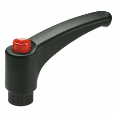 This teardrop-style adjustable handle features a yellow push button and a threaded hole with 1/2"-13 thread. Constructed from fiberglass-reinforced plastic with a brass insert, it is suited for manual adjustment and clamping in industrial machinery, jigs, and fixtures.