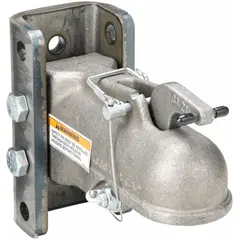 This adjustable coupler is constructed from unfinished steel and rated for a gross towing weight capacity of 10,000 lb. It is designed for connecting a trailer to a tow vehicle in heavy-duty towing applications such as hauling equipment, boats, or construction materials.