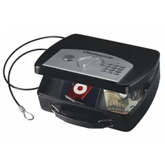 This standard portable safe is constructed from steel and features a digital combination lock for basic security. With a 0.08 cu ft capacity, it is suitable for securing small valuables such as documents, cash, or jewelry. The integrated handle allows for easy transport between home or office locations. Note: This safe is not fire rated.