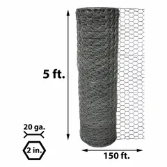 Steel hexagon mesh, 60 inches high by 150 feet long, with 2-inch mesh openings. Used for enclosing poultry, garden fencing, and light animal containment.