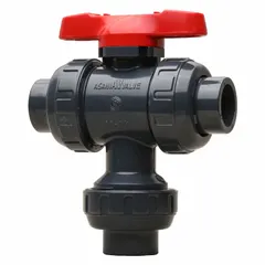 This ASAHI three-way ball valve features a PVC body with a full port ball port and a tee handle. Rated for a maximum pressure of 150 psi (CWP), it has a bottom inlet connection entry. The L-port design is used for diverting or mixing flow in piping systems requiring corrosion-resistant materials.