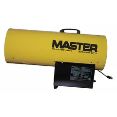 Direct-fired portable gas torpedo heater with 375,000 BtuH output and 9,300 sq ft heating area. Includes thermostat for temperature control. Dimensions: 23 in x 13 in x 35 in. Used for temporary heating in construction sites, warehouses, and large industrial spaces.