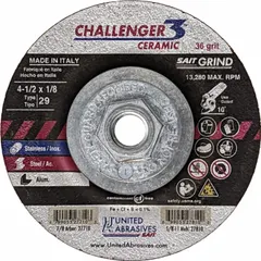 Ceramic grinding wheel with 36 grit for carbon and stainless steel. Type 29 shape, 4-1/2" diameter, 1/8" thickness, 5/8"-11 arbor. Cool-cutting design reduces heat generation during weld grinding, edge chamfering, and surface blending.