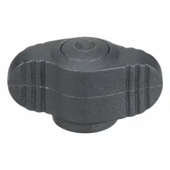 Wing knob with threaded hole for manual clamping, positioning, and adjustment on machinery and fixtures. Features a plastic body with a brass thread insert, M6 thread, 28 mm diameter, and 8 mm thread length. Wing design enables quick hand tightening without tools.