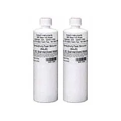 Liquid conductivity standard with a concentration of 1,413 microsiemens, supplied in a 1 pt plastic bottle. Lab-grade solution (CAS 7447-40-7) used for calibrating conductivity meters and sensors in water testing and laboratory analysis.