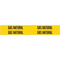 Yellow fiberglass carrier-mounted pipe markers with black 'Gas Natural' legend, designed for pipes with outer diameters from 3/4 to 2-3/8 inches. Each pack includes 4 markers without arrows, secured with strapping. Used to identify natural gas pipelines in industrial facilities.