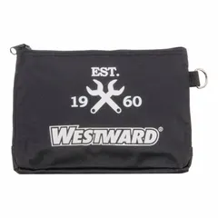 Set of three black polyester flat zippered tool bags. Each bag measures 9 inches wide by 1 inch deep by 6 inches high and includes three inside pockets. Suitable for organizing and carrying small tools, fasteners, and accessories in workshops or on job sites.