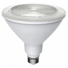 This PAR38 LED bulb from GE LAMPS features a clear finish and medium screw (E26) base. It operates at 120V AC, consuming 18 watts and delivering 1550 lumens of warm-white light at 3000K. Suitable for track lighting, recessed cans, and floodlighting in commercial and industrial settings.