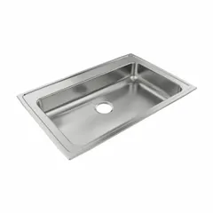This one-bowl counter-mounted sink is designed for drop-in installation in kitchen and bar countertops. It features a 33-inch overall length, 21 1/4-inch overall width, and a 4 1/2-inch bowl depth. The sink is supplied without a faucet and is finished in a Silver/Gray color family.