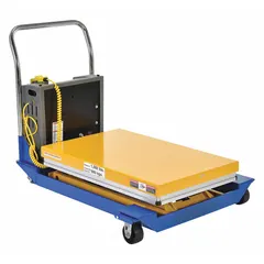 Steel scissor-lift table with 48 in L x 24 in W platform, powered by a single motor for lifting and manually pushed for positioning. Supports loads up to 1,000 lb, suitable for adjusting work height in assembly, packaging, or material handling tasks.