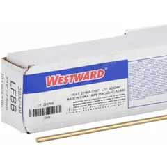 Low-fuming bronze brazing alloy, type RBCuZn-C, supplied as bare rods. Tensile strength 71 ksi, yield strength 64 ksi. Used for joining steel, copper, and cast iron in applications such as HVAC, plumbing, and industrial piping. Packaged individually (1/pk).