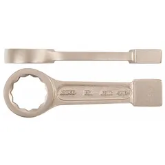 Metric straight handle striking box end wrench with 12-point opening. Made of natural aluminum bronze for nonsparking performance. Head size 120 mm, overall length 20 in. Suitable for use in environments where spark risks must be minimized, such as during heavy-duty bolting in industrial settings.