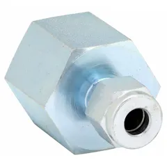 Steel compression fitting adapter with double-ferrule design for connecting 1/4 in OD tubing to a 1/2 in FNPT port. Thread size 7/16-20. Compatible with Parker A-LOK fittings. Used in instrumentation, hydraulic, and pneumatic systems requiring leak-free metal-to-metal seals.