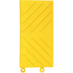 This yellow vinyl ramp edge is a female edging component for the NOTRAX Diamond Flex-Lok Interlocking Mat System. Measuring 6 in x 12 in with a diamond-plate surface, it creates a finished, low-profile transition at the mat perimeter to reduce trip hazards. Sold in a 6-pack.