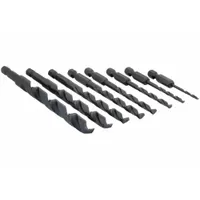 This 9-piece hex shank drill bit set from Bosch includes sizes from 1/16" to 3/8". The bits feature a 135° split-point tip to reduce walking and a black oxide finish on high-speed steel for durability. Designed for use with impact drivers and drill drivers, the hex shank prevents slipping in quick-change chucks. Suitable for drilling into steel, aluminum, and other metals in metalworking, construction, and maintenance applications