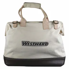 Canvas wide-mouth tool bag in tan color. Features one exterior pocket and one inside pocket. Suitable for carrying and organizing hand tools, fasteners, and small parts on job sites or in workshops.