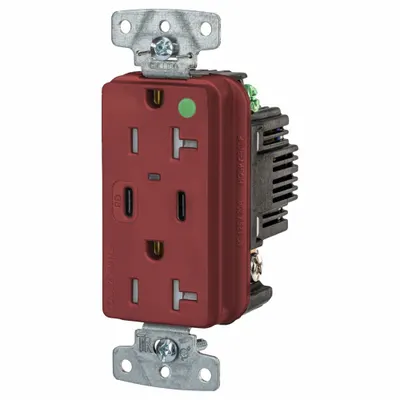 HUBBELL Receptacle: Duplex, 5-20R, 2 USB Ports, USB Type A/C, Red, 125V AC - Hospital-Grade Receptacles with USB Chargers