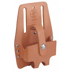 Tan leather holster with one pocket, belt slot, and snap closure. Designed to carry a tape measure on belts up to 2-1/2 inches wide. Suitable for tradespeople requiring hands-free access to a tape measure.