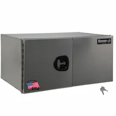This double barn-door box from BUYERS PRODUCTS is designed for underbody mounting on trucks. It features a silver finish, keyed lock, and 18-inch overall depth. Suitable for securing tools and equipment in fleet and service vehicles.