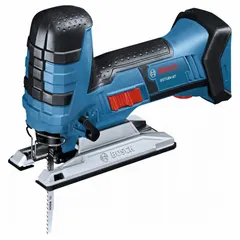 This cordless jigsaw features a barrel grip and accepts T-Shank blades. It offers orbital stroke action with a maximum stroke rate of 2,700 strokes per minute, powered by a brushed motor. Suitable for cutting wood, metal, plastic, and drywall in construction, renovation, and fabrication tasks.