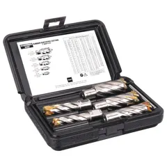 This annular cutter set includes a 9/16-inch cutter with a 2-inch maximum cutting depth. The bright (uncoated) finish and cobalt material suit general metal cutting tasks. A pilot pin is included for alignment. The Weldon Flat shank fits compatible power tools.