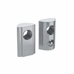 Steel T-nut with zinc-plated finish for roll-in mounting in 8 mm T-slots. Single offset threaded hole. Compatible with Fath 15 and 40 Series framing. Used to create adjustable mounting points in aluminum framing for machine guards, workstations, and industrial structures.