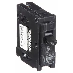 Single-pole miniature circuit breaker rated 15 A at 120V AC. Provides overcurrent protection for branch circuits in residential and commercial load centers. Plug-in design for Siemens Q Series panelboards.