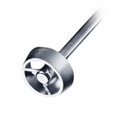 This overhead stirrer impeller features a ringed blade and shaft made of stainless steel. It has a 1/4-inch shaft diameter and is designed for mixing and stirring liquids in laboratory and industrial processes. Compatible with HEIDOLPH model 036093157.