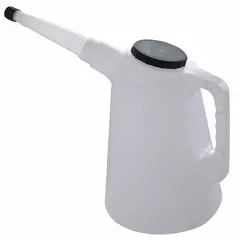 Flexible oil measuring container with 6 qt capacity, 8 in spout, and 12 1/4 in overall height. Includes graduation marks for accurate measurement. Suitable for dispensing and measuring oils and lubricants in industrial fluid handling applications.