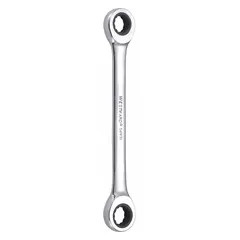 This chrome-finished alloy steel wrench features 14 mm and 15 mm 12-point ratcheting box ends for turning fasteners in confined spaces. The double-end design provides two common metric sizes in one tool, suitable for maintenance and assembly tasks.