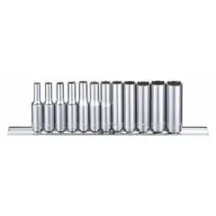 This 12-piece metric socket set features 12-point deep sockets in sizes from 3.5 mm to 12 mm with a 1/4 in drive. The tether-ready design allows for attachment of a lanyard to prevent drops in elevated or confined workspaces. Suitable for fastening and loosening metric nuts and bolts in automotive repair, machinery maintenance, and general assembly tasks.
