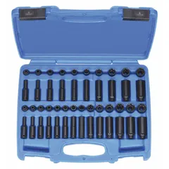 This 48-piece impact socket set includes metric sockets from 4 mm to 15 mm with a 1/4 in drive size. Designed for use with impact tools, it is suited for fastening and loosening nuts and bolts in automotive repair, machinery maintenance, and industrial assembly.