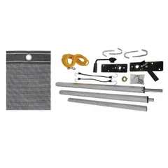 Standard-duty dump trailer mesh tarp kit, 22 ft long by 8 ft wide, made of 10 mil PVC-coated vinyl in black/gray, 12 oz/sq yd. Includes two 15-inch rubber tie-down straps. Used to cover and secure loads on dump trailers during transport, protecting materials from debris and weather.