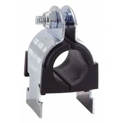 Galvanized steel strut clamp designed for securing 3 2/5 in copper tube and pipe up to 3 5/16 in maximum outer diameter. Features a TPE cushion material to reduce vibration and noise in strut support systems. Includes mounting hardware for installation. Suitable for general-purpose temperature applications.