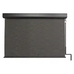 Pole-and-crank-operated sun shade with 96-inch valance width, 90% UV protection, and bungee-and-hook tie-down system. Right-side operation. Fabric color: Kona; valance color: Oil Rubbed Bronze. Suitable for patios, decks, and outdoor workspaces.