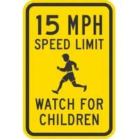 Aluminum sign with diamond-grade retroreflective sheeting for high visibility. Nominal size 12 x 18 inches, 0.063 in thick. Used to regulate speed in low-speed zones such as parking lots, school areas, and private roads
