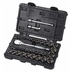 This 38-piece socket set includes standard 12-point sockets and drive tools in both SAE and metric sizes, with a 3/8 in drive. The sockets cover a range from 1/4 in to 1 in. Suitable for tightening and loosening fasteners in automotive repair, machinery maintenance, and general industrial assembly.