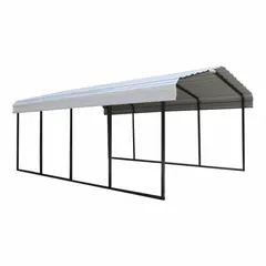 This carport provides covered parking for vehicles, RVs, or equipment. It features a powder-coated galvanized steel frame and panels, with fixed legs and a black frame with eggshell panels. Hardware is included for assembly.