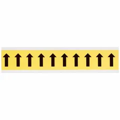 Black arrow character on yellow background, Gothic font, 1-inch height. Non-reflective, indoor-only, die-cut, repositionable. Pack of 10. For facility identification and directional marking on equipment, panels, or signage.