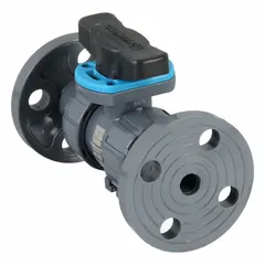 This manual two-way ball valve features a vented-ball design that relieves internal pressure before full opening, enhancing safety in corrosive fluid handling. Constructed of PVC with a straight, three-piece body and Class 150 flange connections, it includes a Locking Tee handle. Suitable for industrial piping systems requiring flow isolation or control.
