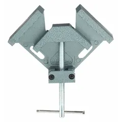 Chrome-plated aluminum angle clamp with 2 3/4 in miter capacity, 2 1/4 in jaw width, 1 3/8 in jaw height, and 4 in throat depth. Used to hold workpieces at 90-degree angles for welding, drilling, or assembly.