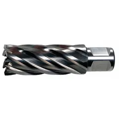 This high-speed steel annular cutter is designed for stacked drilling applications, cutting clean holes through multiple layers of metal. With a 15/16 in cutter diameter and 3 in maximum cutting depth, it features a bright finish and a Weldon Flat shank for secure tool holding. Suitable for use in structural steel fabrication, shipbuilding, and heavy equipment maintenance.