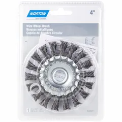 Twisted steel wire wheel brush with 4" diameter, 5/16" width, 5/8" arbor, and 0.014" fill. Designed for heavy cleaning of contoured carbon steel surfaces, such as removing rust, scale, and weld splatter from irregular shapes.