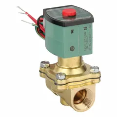 This 2-way/2-position normally open solenoid valve features a 3/4 in pipe size and 24V AC coil. Its watertight, high-flow construction is suited for on/off control of liquids or gases in industrial processes, including washdown environments and irrigation systems.
