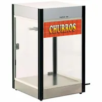 Heated display case designed for pretzels, holding up to 60 pretzels. Operates on 120V AC with 130 W power and 1.1 A current. Features interior lighting and a red/silver finish. Suitable for concession stands and food service operations requiring an illuminated, rotating display to keep pretzels warm
