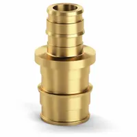 Brass expansion barbed coupling with 17/64 in inside diameter on both ends and 3/8 in pipe size. Designed for joining PEX tubing in plumbing and hydronic heating systems. The barbed design grips the tubing, and the expansion method creates a leak-resistant joint without crimp rings