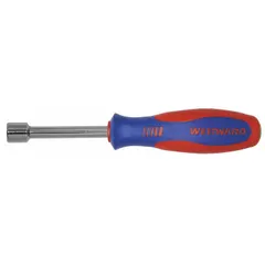 This nut driver is designed for driving and removing hex nuts and bolts. Its hollow round shank accommodates long threaded rods, making it suitable for tasks requiring clearance. The tool has a 3-inch shank length and is SAE-sized, without a magnetized tip.