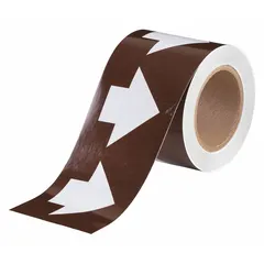 This pipe marker directional flow arrow banding tape is made of non-reflective vinyl with a brown background and white legend text. It is 4 inches wide and 90 feet long (1,080 inches total). The tape is used for identifying pipe contents and indicating flow direction in industrial piping systems.