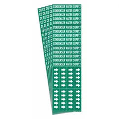 Green adhesive pipe marker with white legend 'Condenser Water Supply' and directional arrows. Designed for pipes with outside diameter of 3/4 inch and smaller. Pack of 5 markers for identifying condenser water supply lines in piping systems.